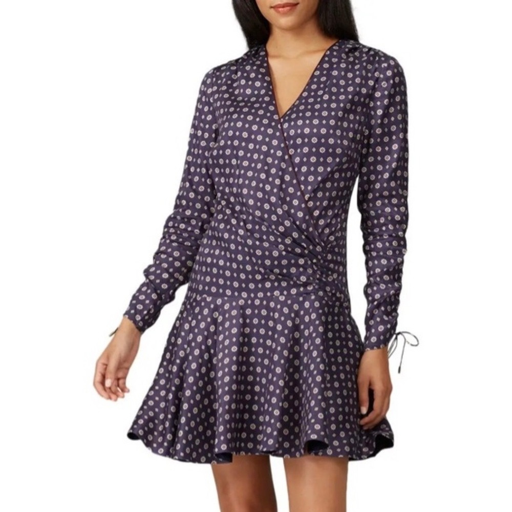 Jonathan Simkhai Navy‎ Blue Geometric Tile Print Wrap Mini Dress Ruched Sleeve 2